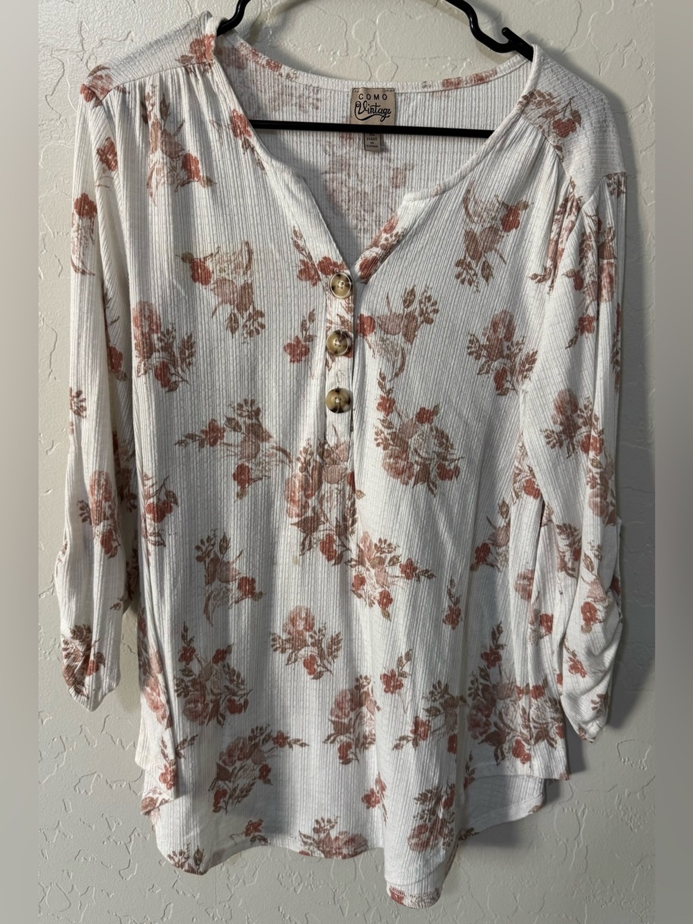 Como Vintage Women’s XL Floral Ribbed Henley Top Ivory Rust 3/4 Sleeve